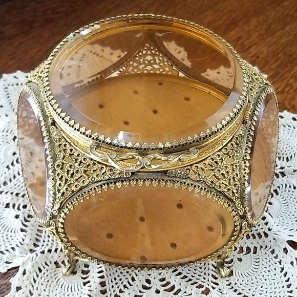 Vintage French Brass Filigree Amber Beveled Glass Ormulu Jewelry Box Casket - Picture 6 of 16